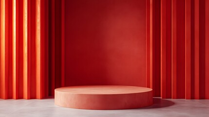 3. An elegant setup of a podium on a raised pedestal in a striking red room, perfect for showcasing products or events, with clean lines enhancing the modern aesthetic