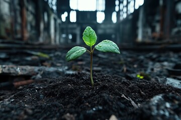 A resilient green plant emerges from dark soil within an abandoned building, symbolizing life, hope, and renewal amidst decay and abandonment in an urban setting.
