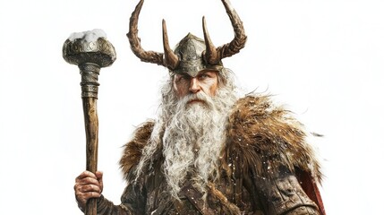 Hodr the Scandinavian deity associated with darkness and winter grips his staff with a powerful presence showcasing his detailed armor and majestic horns.