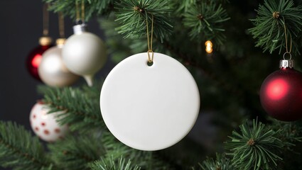 Flat round shape white ceramic ornament with gold string mockup with decorated Christmas tree background