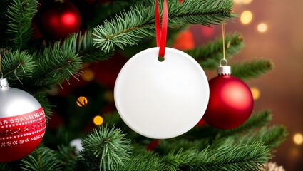 Flat round shape white ceramic ornament with red ribbon mockup closeup with decorated lit Christmas tree background