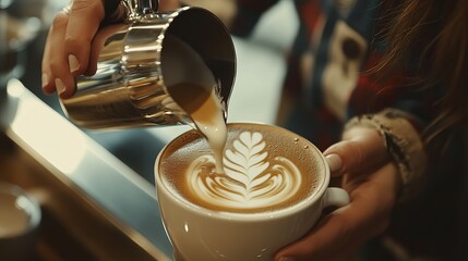 A talented barista creates a complex latte art design by meticulously adding heated milk to an espresso cup. 