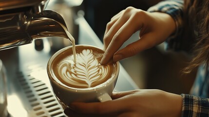 A talented barista creates a complex latte art design by meticulously adding heated milk to an espresso cup. 