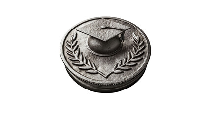 A silver coin with a graduation cap and laurel wreath design. Graduation ceremony symbol generative ai