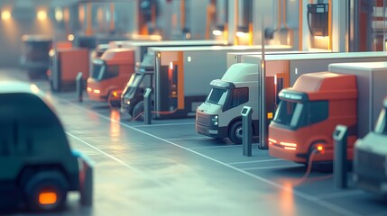 Fototapeta premium A fleet of business electric vehicles, including cargo transport and delivery, semi-trucks and vans powered by sustainable solar and wind electricity, are charging at a rapid charger station situated 