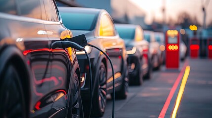 A fleet of business electric vehicles, including cargo transport and delivery, semi-trucks and vans powered by sustainable solar and wind electricity, are charging at a rapid charger station situated 