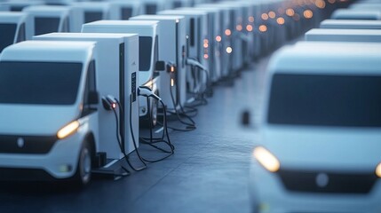 Obraz premium A fleet of business electric vehicles, including cargo transport and delivery, semi-trucks and vans powered by sustainable solar and wind electricity, are charging at a rapid charger station situated 