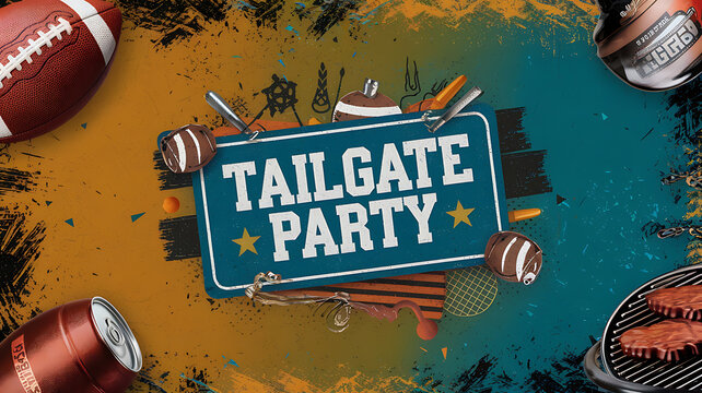 Football and grill, orange and blue, grunge style, tailgate party, celebration and excitement. 
