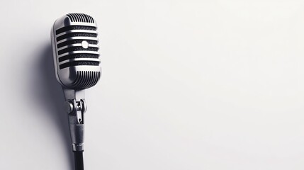 Fototapeta premium Microphone with a white backdrop. With copy space, the composition is horizontal. There is a clipping route available. 