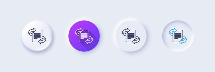 Marketing line icon. Neumorphic, Purple gradient, 3d pin buttons. Page with arrows sign. Article symbol. Line icons. Neumorphic buttons with outline signs. Vector