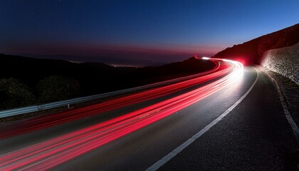 Cars red light trails at night in a curve asphalt road at night, long exposure image