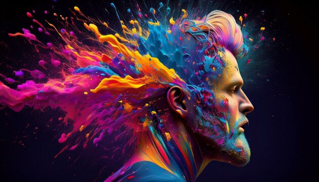 Colorful painted explosion in head. Concept of creative mind and imagination. Silhouette of human hand with colored fragment