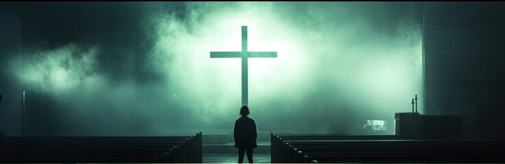 a person standing in front of a turned around projected cross made of light in a dark church, cinematic, soft greenish light 
