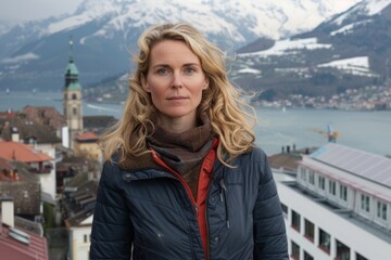 A young woman with long blonde hair stands in front of a picturesque town. She is wearing a dark blue jacket and a brown scarf. The town is nestled in a valley with mountains in the background.