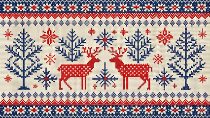 Scandinavian Christmas patterns. Decorative element. Christmas red pattern from traditional details of a fir tree, deer and snowflakes close-up. Holiday gift. background