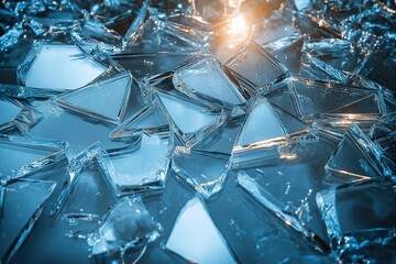 Shattered glass fragments reflecting light in intricate patterns on a smooth surface, creating a visually striking and chaotic arrangement