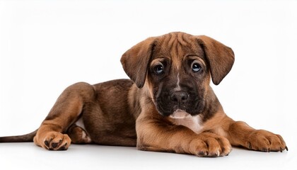 Obraz premium Puppy lying and looking at camera on white background