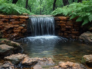 A small waterfall cascades over a stone wall into a clear pool of water in a lush forest.