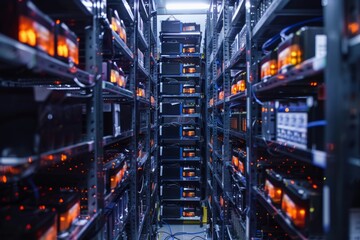 Fototapeta premium Rows of servers in a data center with glowing orange lights.