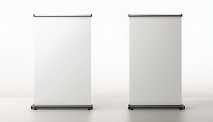 Two blank roll up banner display stands on white background
