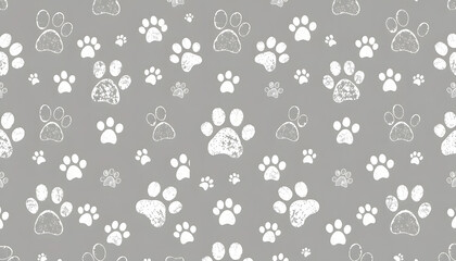 Seamless gray and white paw print pattern isolated with white highlights, png