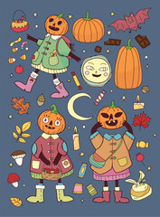Fototapeta premium colorful vector set of hand drawn pumpkin head characters with added autumn things and sweets on the background
