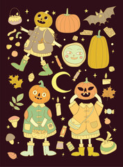 vintage vector set of hand drawn pumpkin head characters with added autumn things and sweets on background