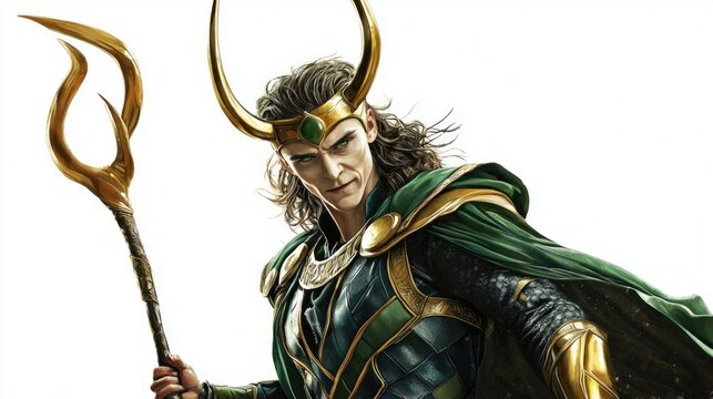 artwork features Loki the Scandinavian god of mischief showcasing his distinctive horns and intricate armor while holding a scepter emphasizing his mythical essence.