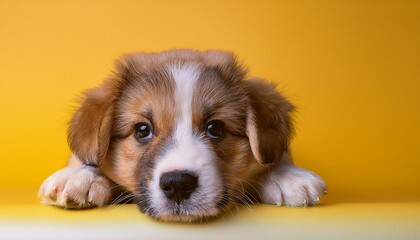 Puppy lying and looking at camera on yellow background. Animal day concept