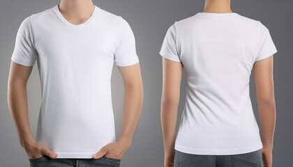 White t shirt mockup, front and back view on grey background