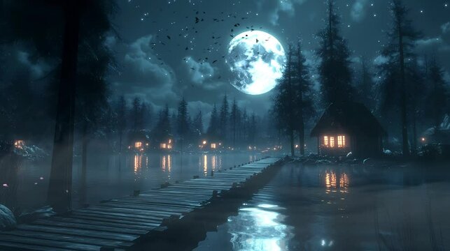 A serene village by a moonlit lake, with soft clouds and shimmering water reflections of trees and a wooden dock, captured in a calming anime style for 4k seamless looping video backgrounds