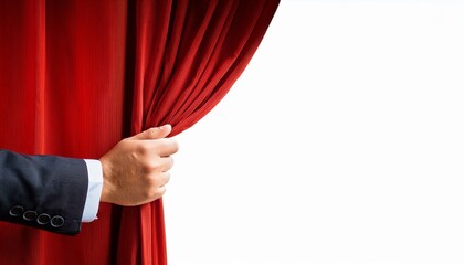 Human hand opening red curtain with white background