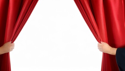 Human hand opening red curtain with white background 
