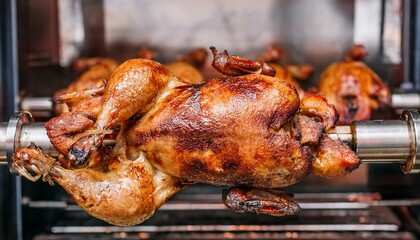 Naklejka premium Grilling whole chickens in rotisserie machine, closeup