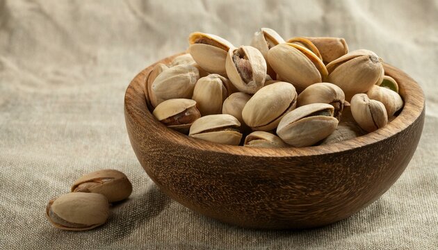 Pistachios in their shells, roasted and salted, in a wooden bowl on linen fabric