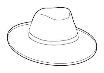Gambler Hat with band. Head Fashion accessory cap with wide brim clothing technical illustration. Vector headgear for Men, women, unisex style, flat template CAD mockup sketch outline isolated