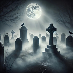 A fog-covered graveyard with tombstones and a full moon