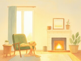 Cozy living room, knitting project on chair, fireplace, magical glowing yarn, watercolor illustration, having ample space for text