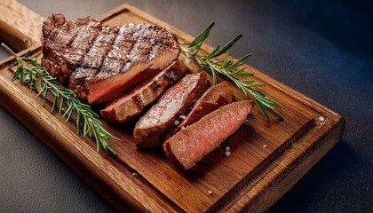 Sliced grilled meat steak with rosemary on wooden board. Grilled steak with fresh herbs 
