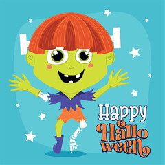 Happy monster boy with Halloween text, Vector