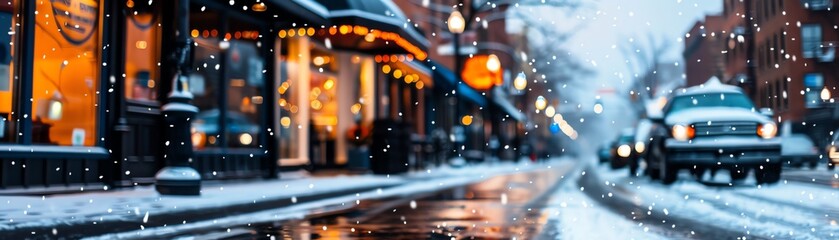 Retro small town, ice flakes falling on old brick buildings, warm storefronts glowing in the evening, 1960s style
