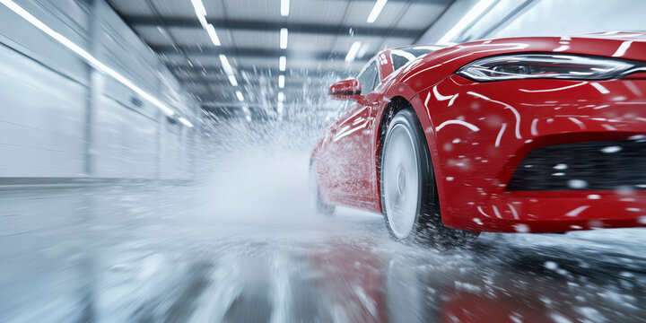 Car wash. Red sport car in soap foam in water splash. Horizontal banner. Space for text. Wallpaper