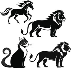 High-Quality Black and White Animal Silhouettes and Steampunk Mechanical Creatures Vector Collection