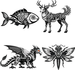 Obraz premium High-Quality Black and White Animal Silhouettes and Steampunk Mechanical Creatures Vector Collection