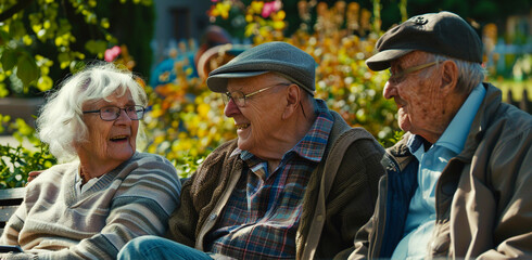 Fototapeta premium Older people chatting on a garden bench on a sunny afternoon.