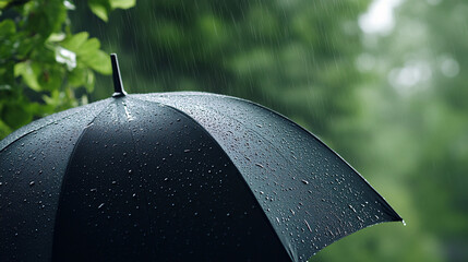 close up top view of red umbrella with raining water is pouring, light rain