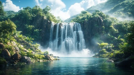 A majestic waterfall cascades down a rocky cliff into a tranquil pool of water surrounded by lush tropical vegetation. 