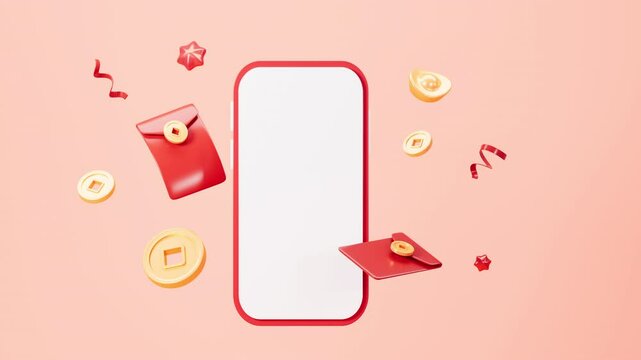 Red envelopes and mobile phone, coupons and vouchers, marketing discount background, 3d rendering.
