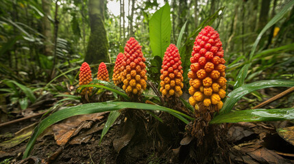 Fototapeta premium A group of red and orange flowers are growing in a forest. The flowers are in various stages of bloom, with some fully open and others still closed. The scene is peaceful and serene