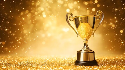 1. A striking image of a gleaming golden victory trophy prominently displayed against a soft backdrop, surrounded by shimmering golden stars, providing ample copy space for text or branding